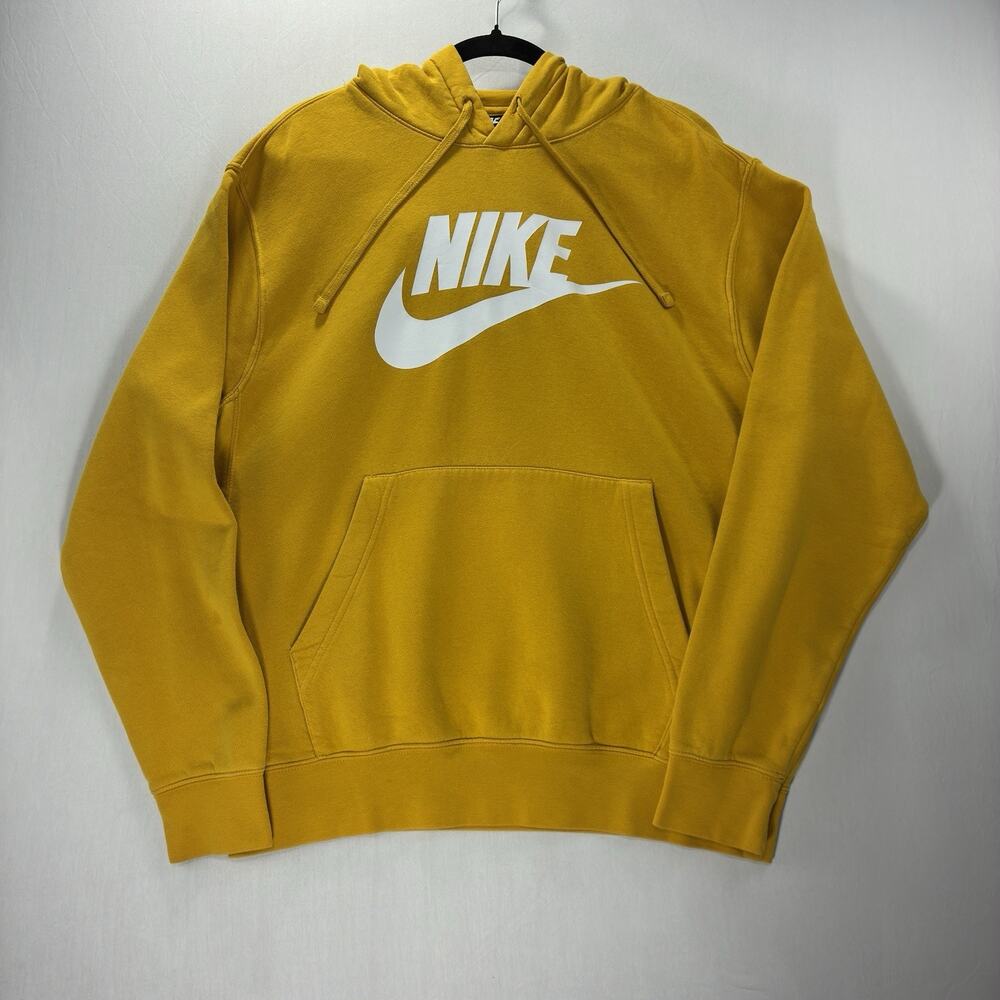 Nike Mens Medium Hoodie Mustard Yellow Big Swoosh Logo Pullover Sweatshirt